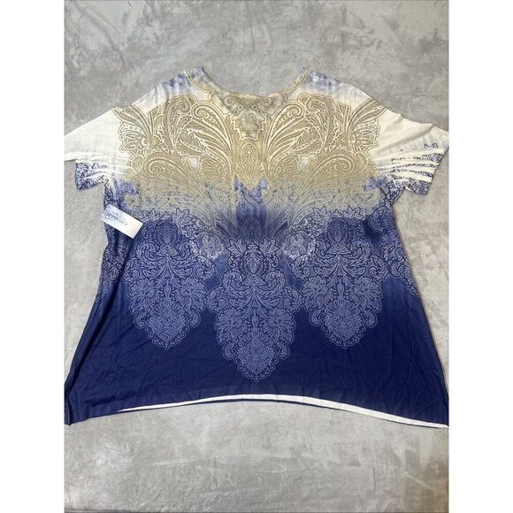 Women’s Catherines Blouse Paisley Navy Blue Tan Rhinestones Embroidered Neck 2X - Picture 11 of 12